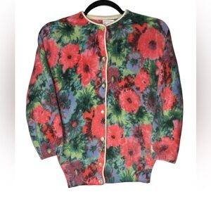 VTG Angelon By Darlene Angora Wool Floral Cardigan Hand Screen Print Sz 36 XS/S